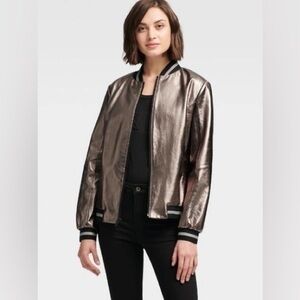 DKNY WOMEN'S METALLIC LEATHER BOMBER JACKET - IN MAUVE